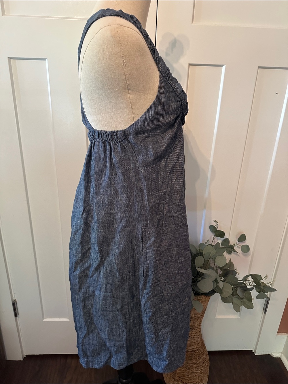 Anthropologie Staci Woo Souvenir Ed. Blue Chambray linen 3 midi pockets Sundress - Picture 5 of 11